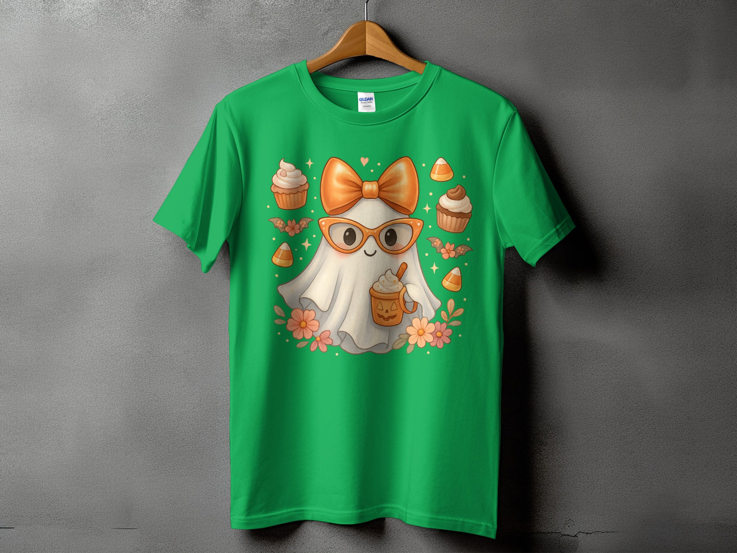 Green t-shirt with a cute ghost wearing glasses and holding a pumpkin spice latte.
