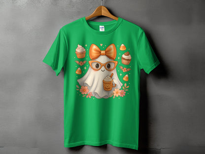 Green t-shirt with a cute ghost wearing glasses and holding a pumpkin spice latte.