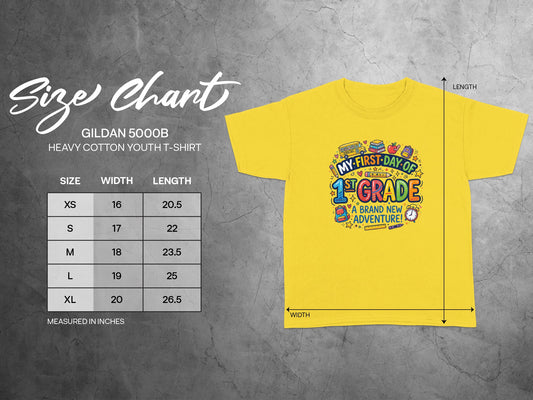 Gildan 5000B youth t-shirt size chart with width and length measurements.