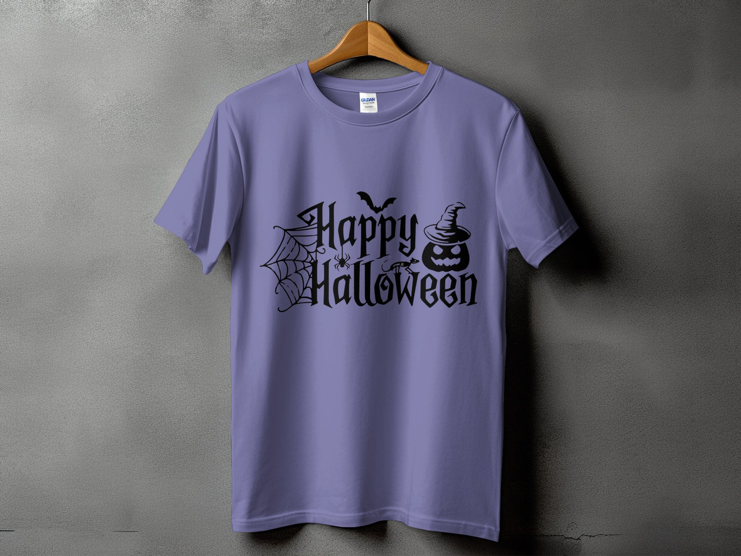 Lavender t-shirt with black "Happy Halloween" text, spider, bat, and pumpkin.
