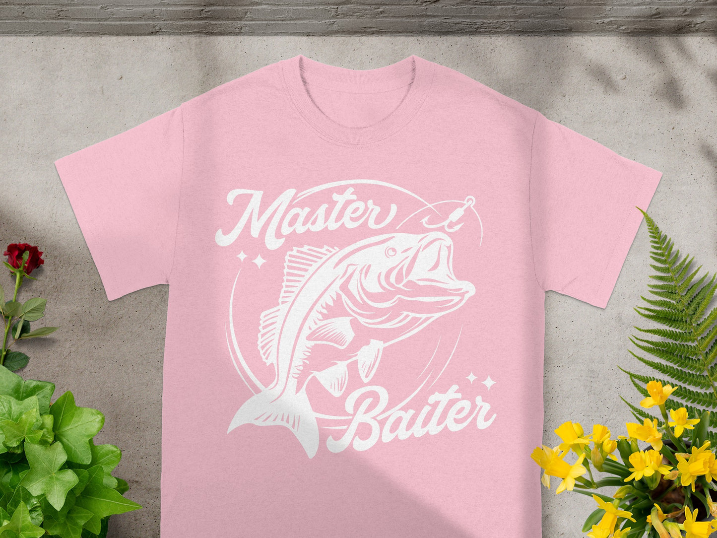Pink t-shirt with white "Master Baiter" text and fishing graphic.