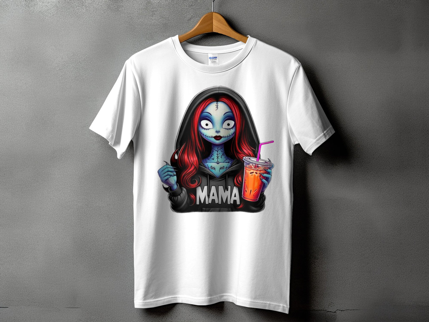 White t-shirt with a graphic of a blue-skinned woman with red hair and stitches holding a drink.