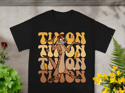 Black t-shirt with retro "Timon" graphic featuring lightning bolts and a cartoon meerkat.
