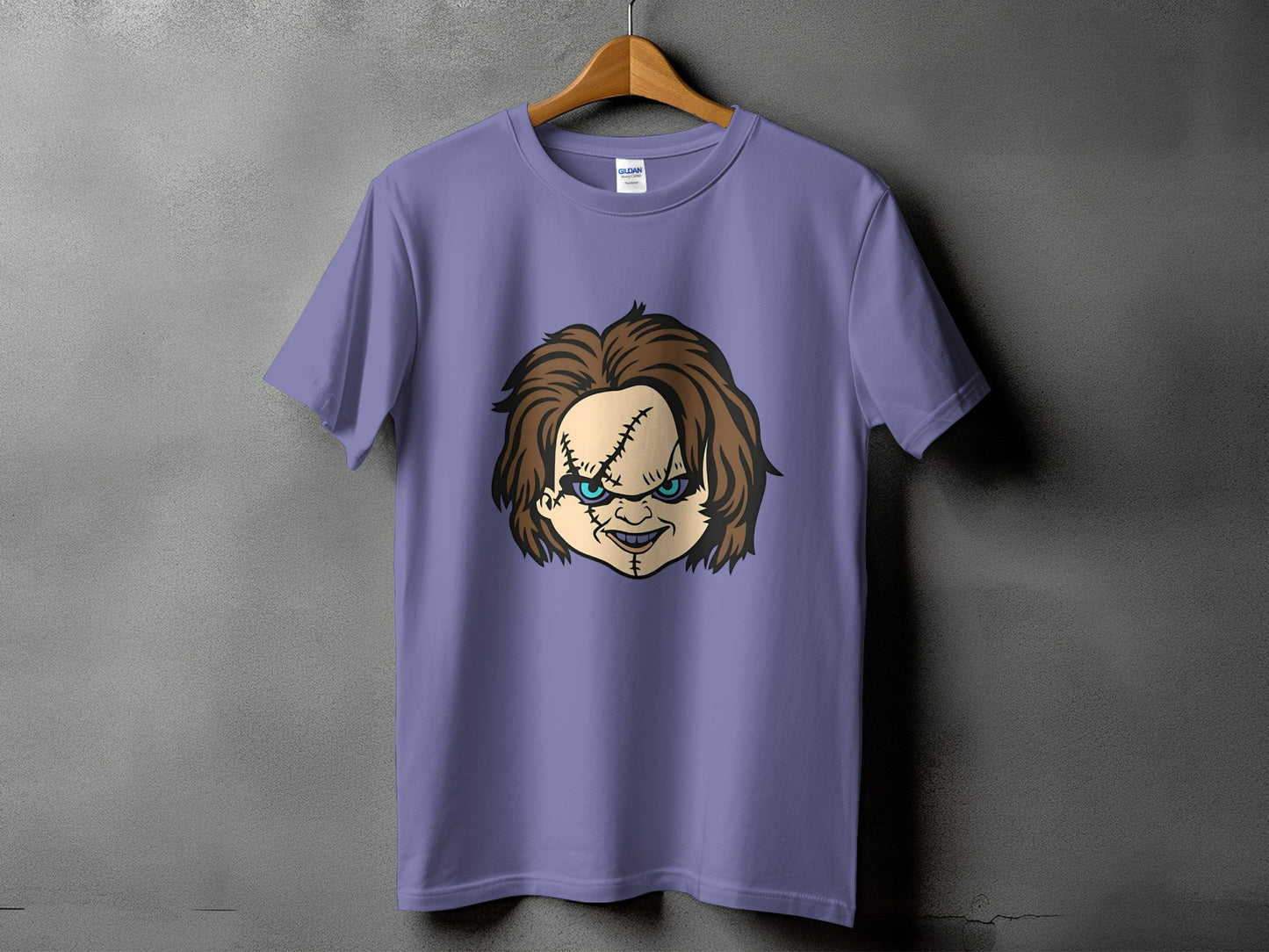 Purple t-shirt with Chucky's face graphic on the front.
