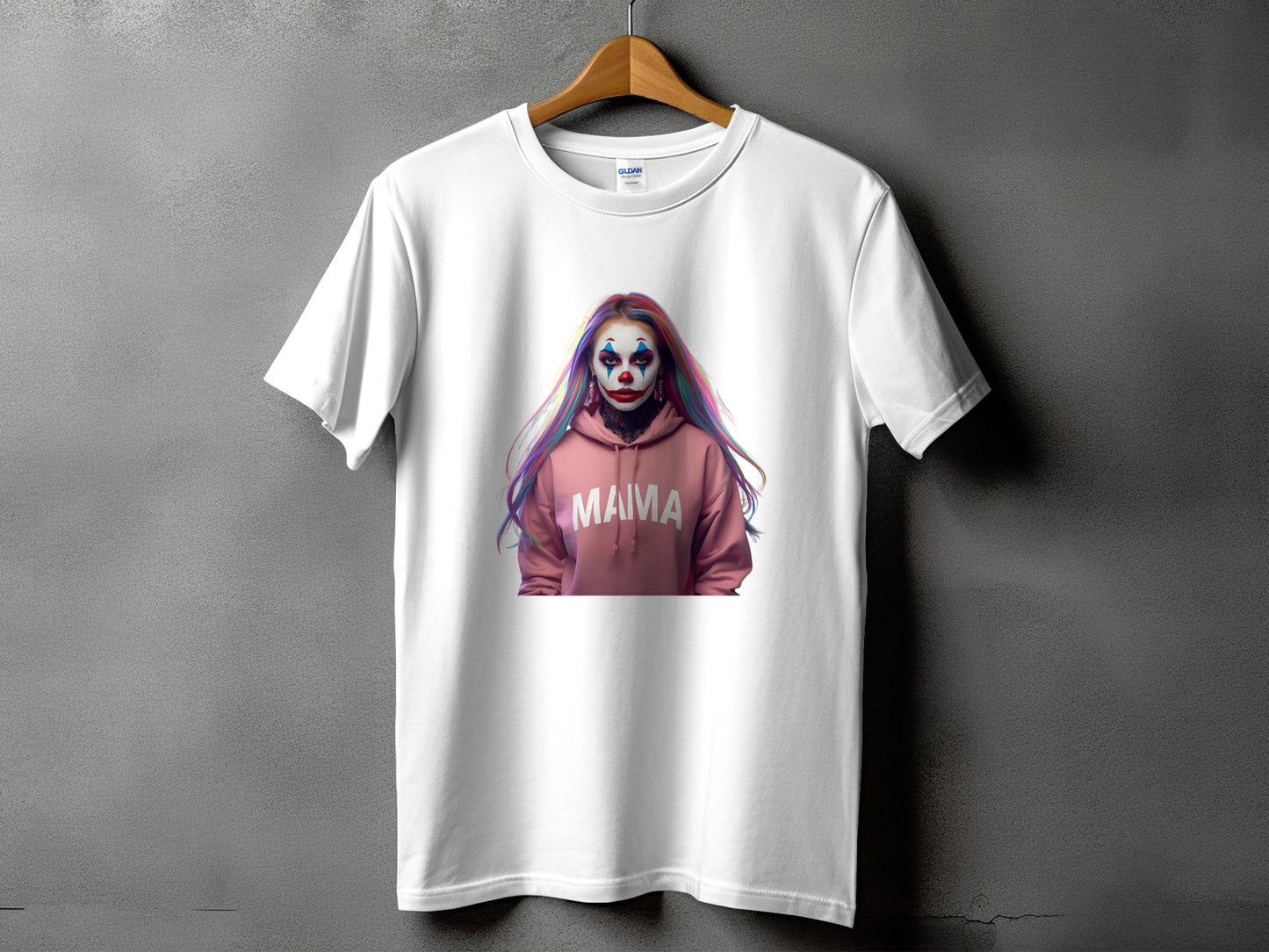 White t-shirt with pink hoodie graphic featuring clown makeup and "MAMA" text.