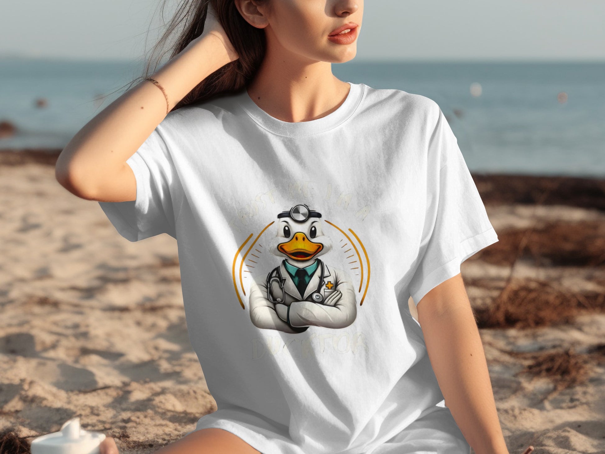Cute Duck Doctor Print Beach Casual White T-Shirt
