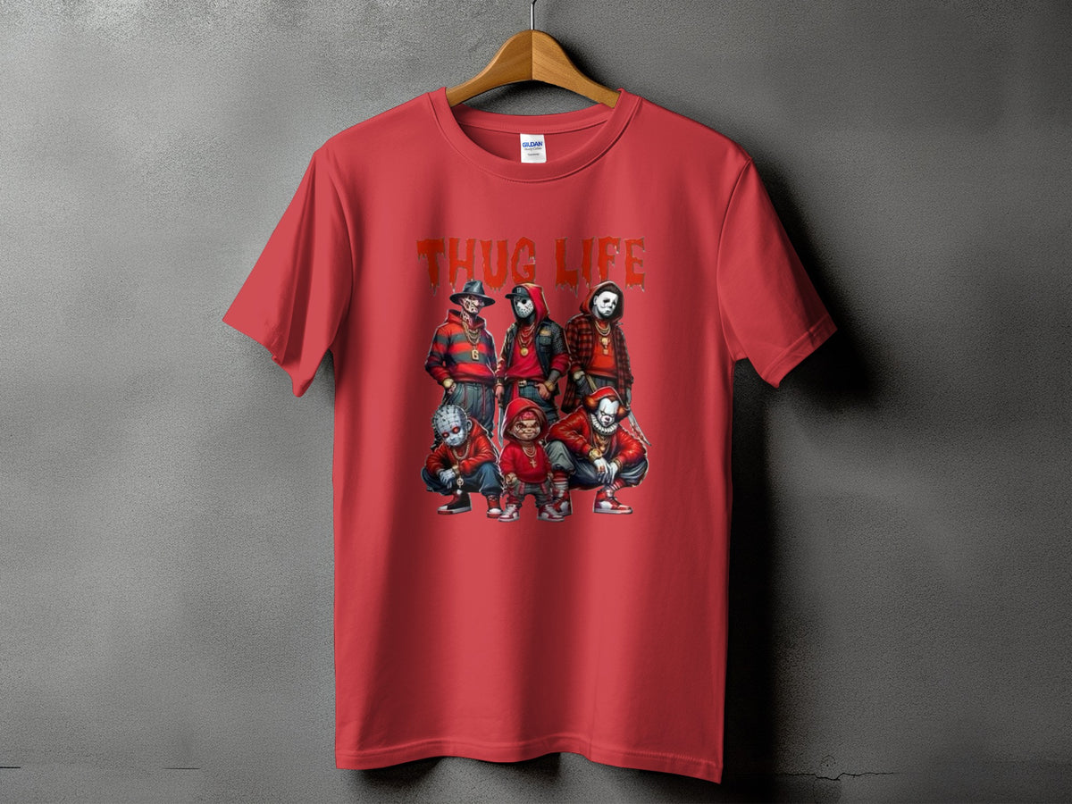 Red t-shirt with "Thug Life" text and horror characters illustration.