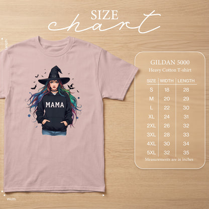 Pink t-shirt with graphic of witch wearing black hat and hoodie with "MAMA" text.