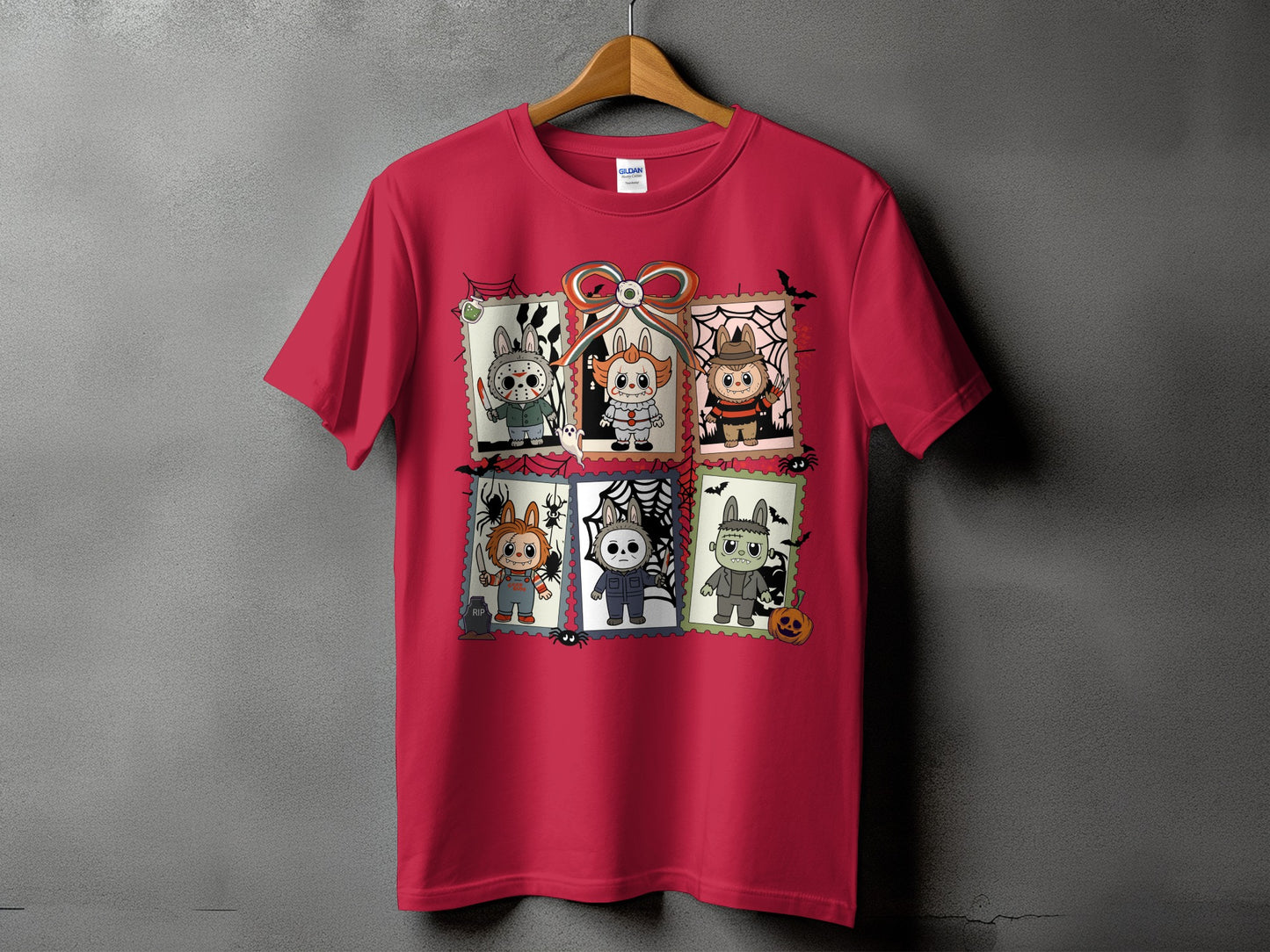 Red t-shirt with six framed cartoon Halloween characters including Chucky, Michael Myers, and Frankenstein.