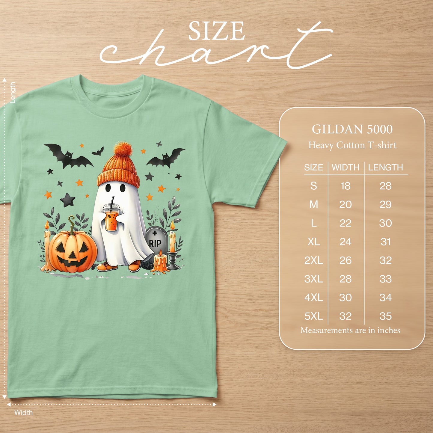 Gildan 5000 Heavy Cotton T-shirt size chart with ghost, pumpkin, and bats graphic.