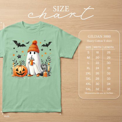 Gildan 5000 Heavy Cotton T-shirt size chart with ghost, pumpkin, and bats graphic.