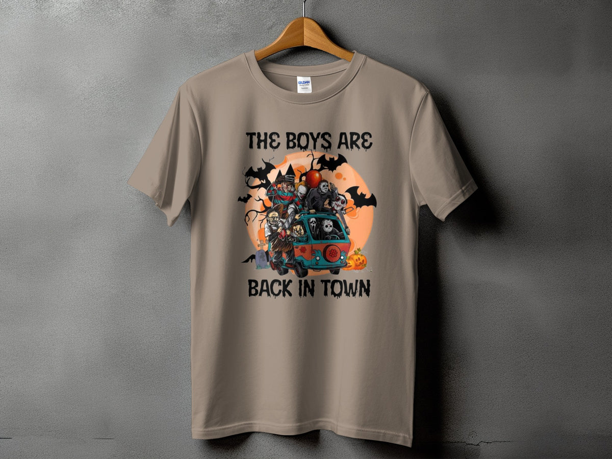 T-shirt with "The Boys Are Back In Town" text and horror characters in a van.