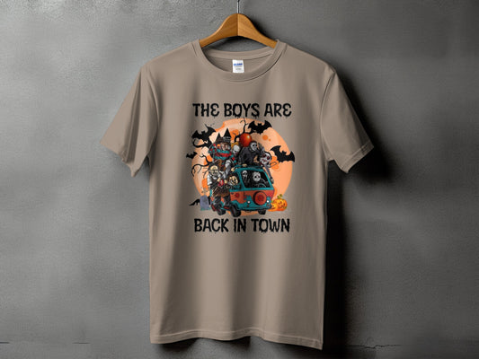 T-shirt with "The Boys Are Back In Town" text and horror characters in a van.