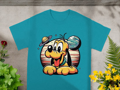 Cartoon Pluto dog with planets on a teal t-shirt.