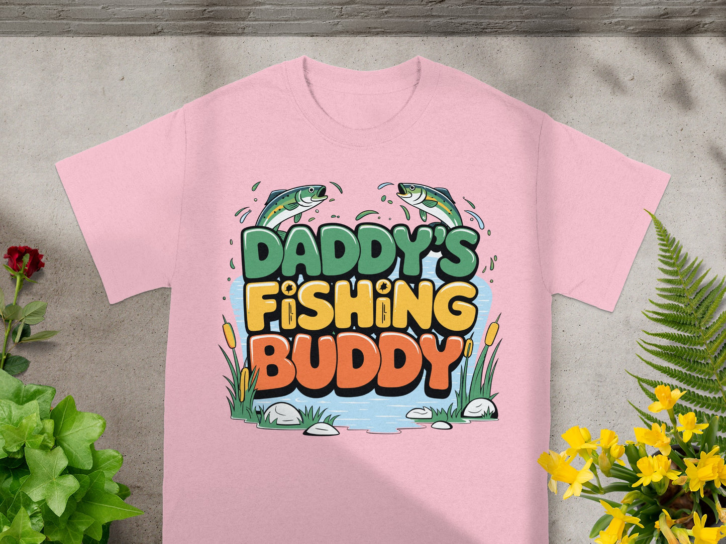 Pink t-shirt with "Daddy's Fishing Buddy" text and cartoon fish.