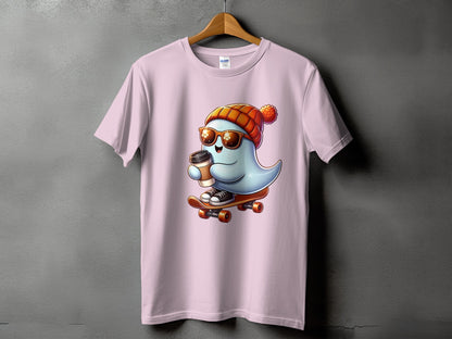 Light pink t-shirt with a cartoon ghost wearing a beanie, sunglasses, and holding coffee on a skateboard.