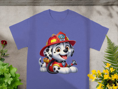 Marshall from Paw Patrol wearing a firefighter's helmet and gear.