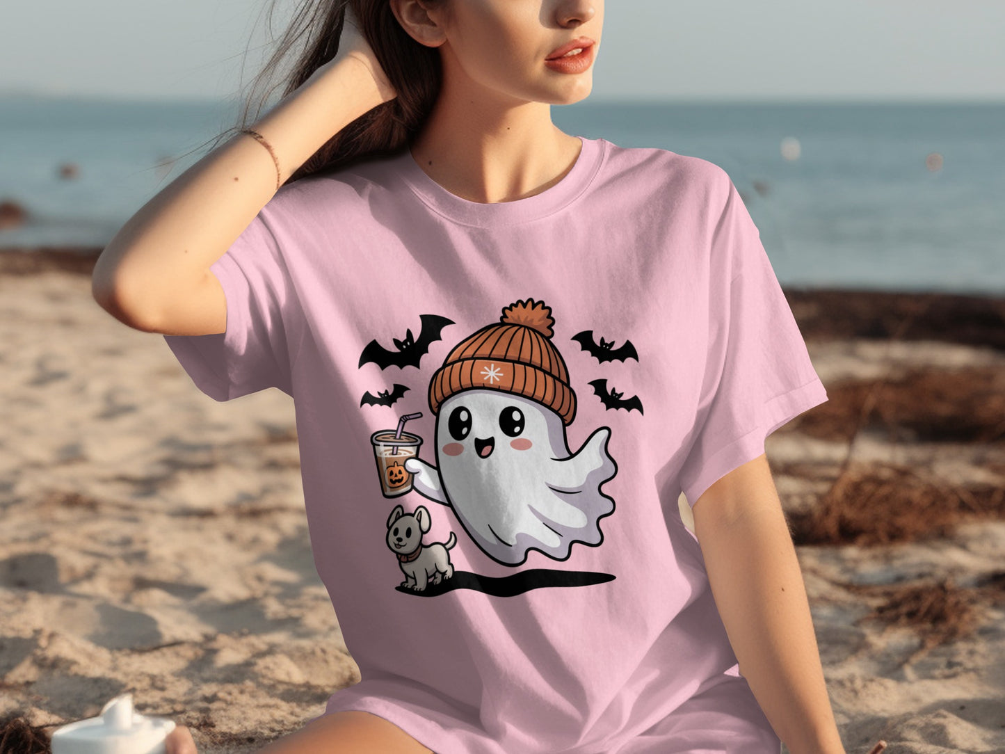 Cute Ghost With Coffee and Dog Halloween T-Shirt