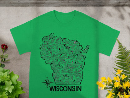 Wisconsin Green Tee Featuring Map and Landmarks Design