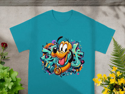 Teal t-shirt featuring cartoon dog character with graffiti background.