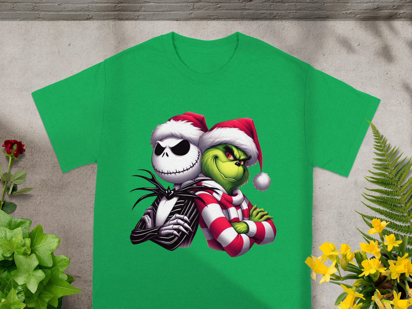 Jack Skellington and The Grinch wearing Santa hats and crossing arms.