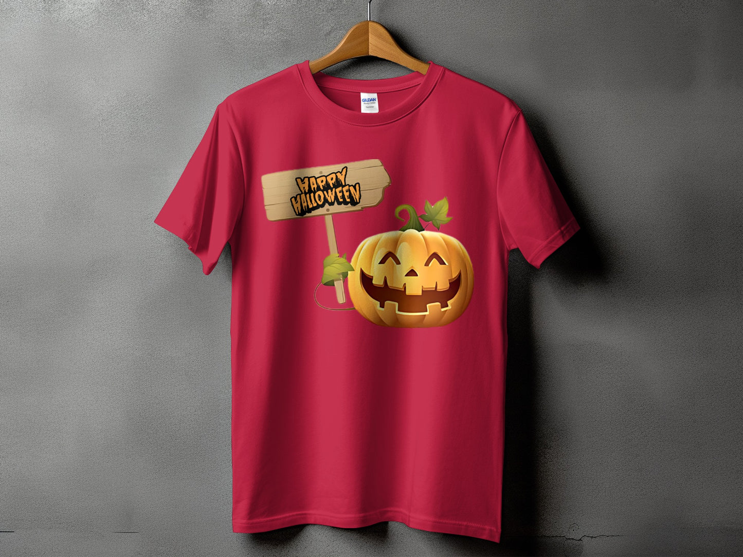 Red t-shirt with a jack-o'-lantern and "Happy Halloween" sign graphic.