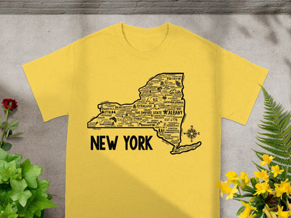 New York State Map Yellow Design T-Shirt for Unisex