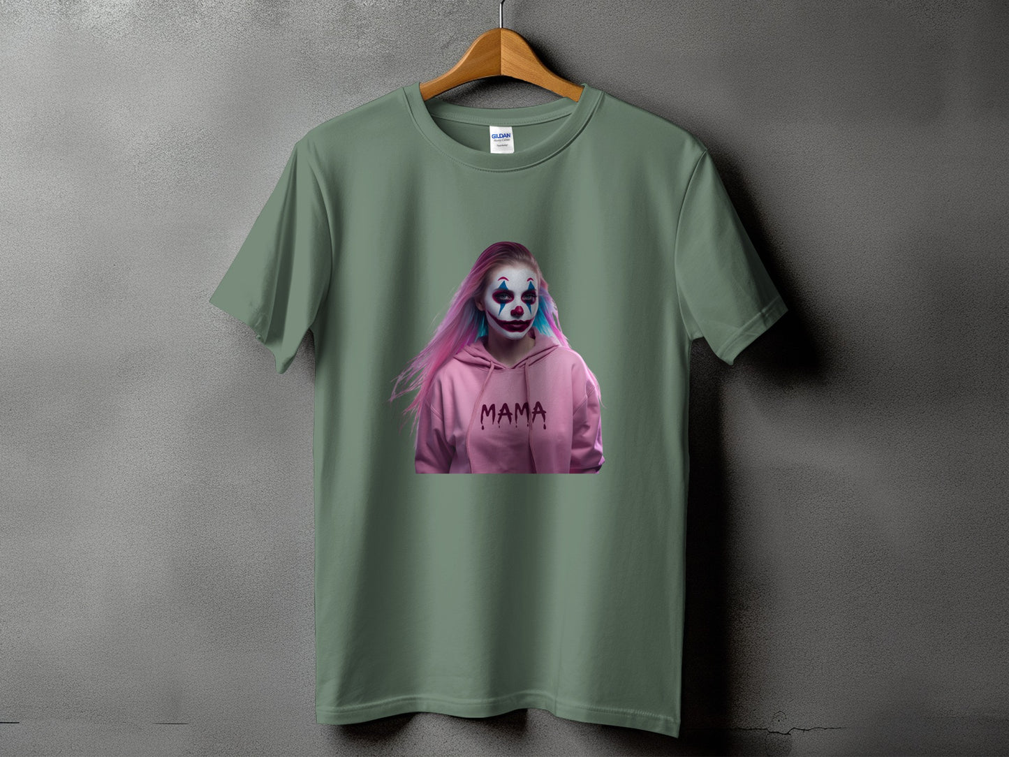 Green t-shirt with a printed image of a person in clown makeup and a pink hoodie with "MAMA" text.