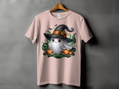 Ghost with witch hat, pumpkins, and bats on a light pink t-shirt.