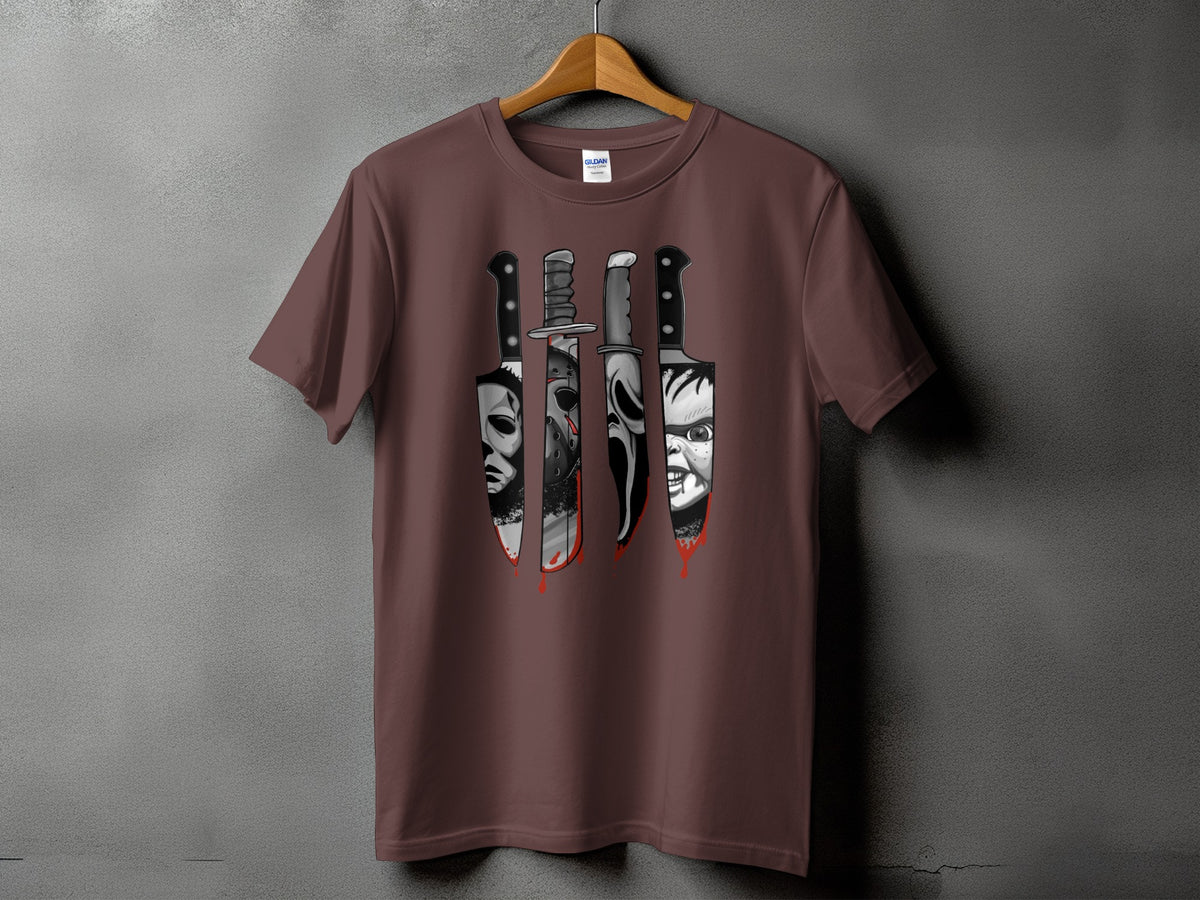 T-shirt with horror movie character masks on knives graphic.
