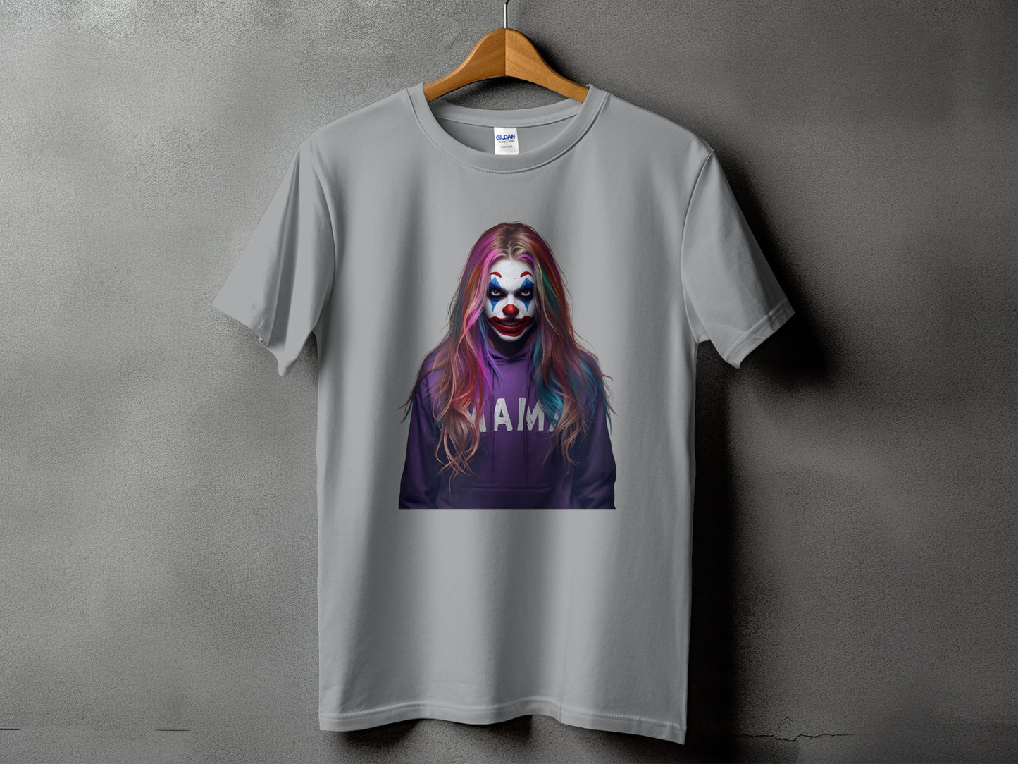 Grey t-shirt with a clown design and "MAIM" text.