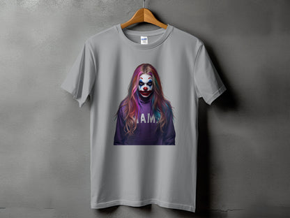 Grey t-shirt with a clown design and "MAIM" text.