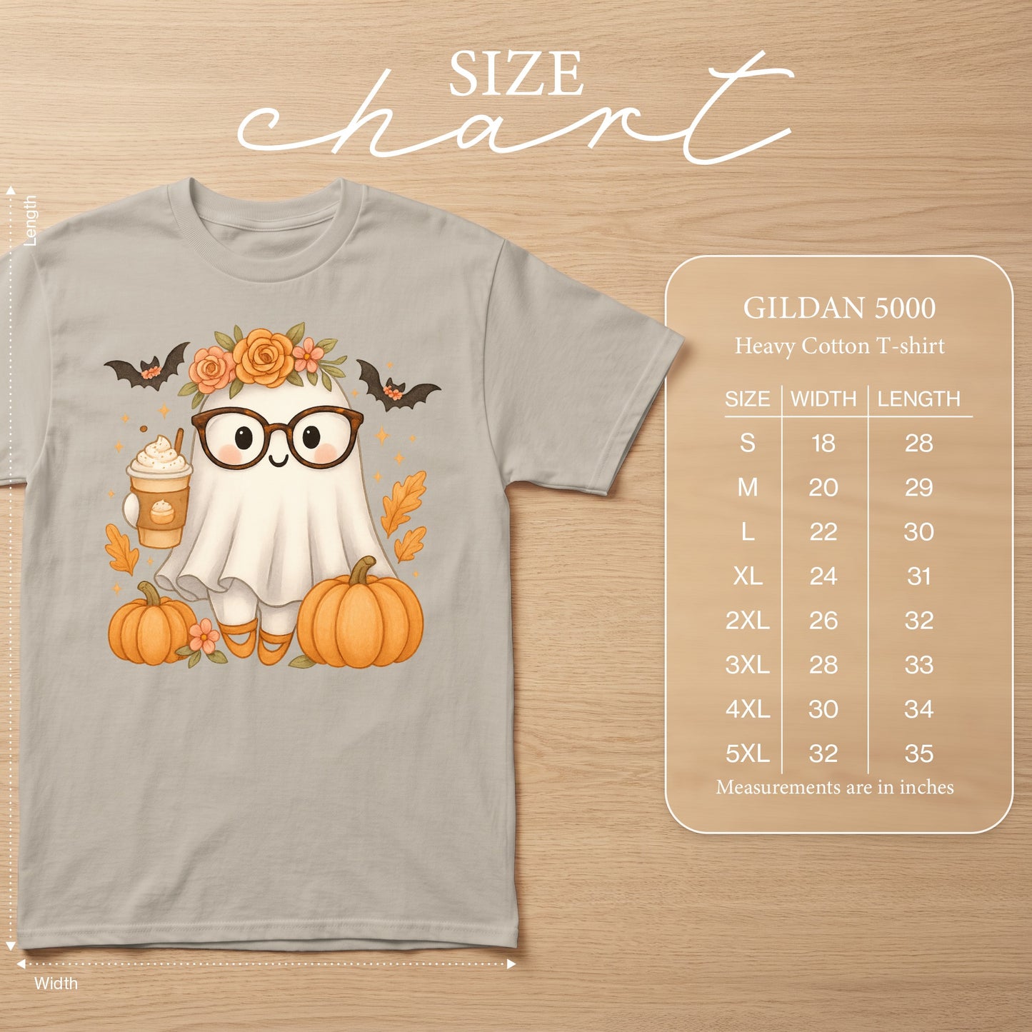 Light grey Gildan 5000 t-shirt with a cute ghost graphic and size chart.