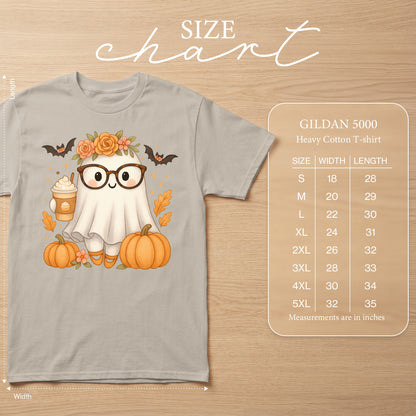 Light grey Gildan 5000 t-shirt with a cute ghost graphic and size chart.