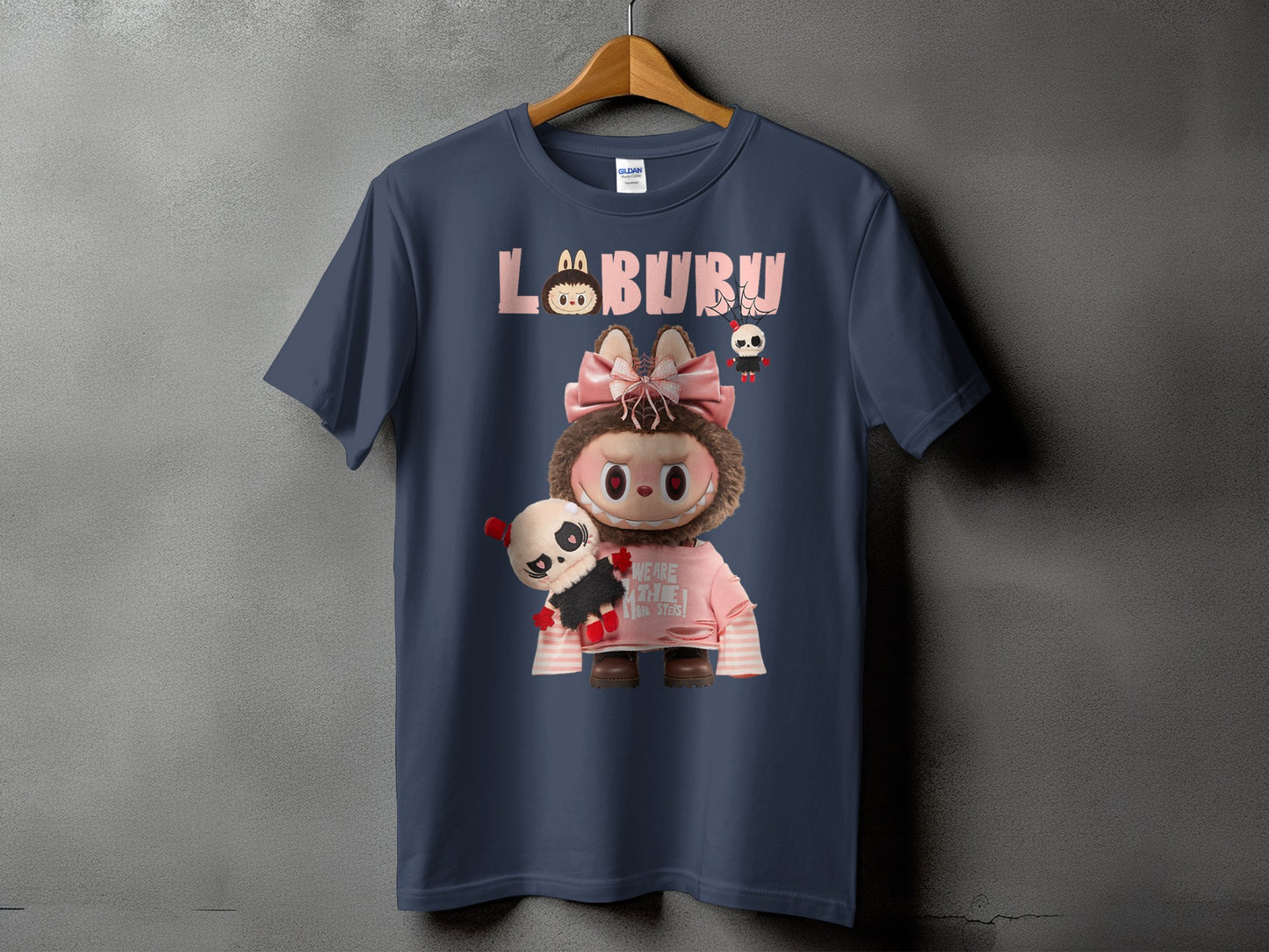 Dark blue t-shirt with "LABURU" text and a cartoon character holding a panda.