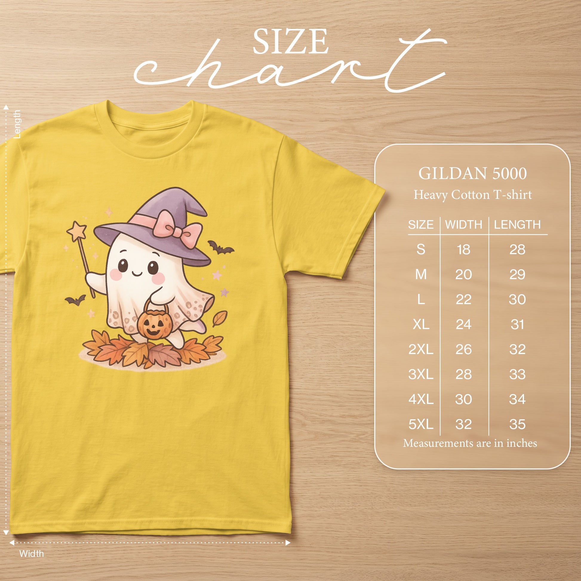 Yellow Gildan 5000 Heavy Cotton T-shirt size chart with a ghost graphic.