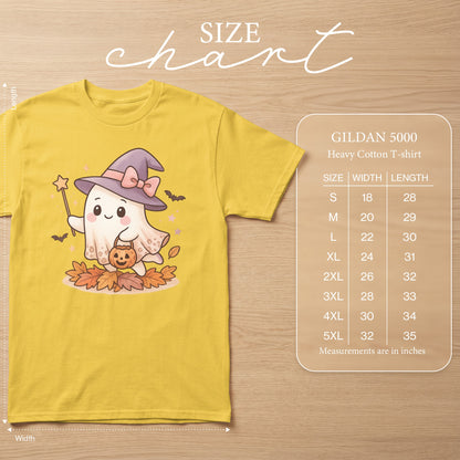 Yellow Gildan 5000 Heavy Cotton T-shirt size chart with a ghost graphic.