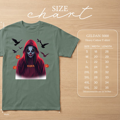 Green t-shirt with clown graphic, crows, pumpkins, and "Mama" text. Size chart included.