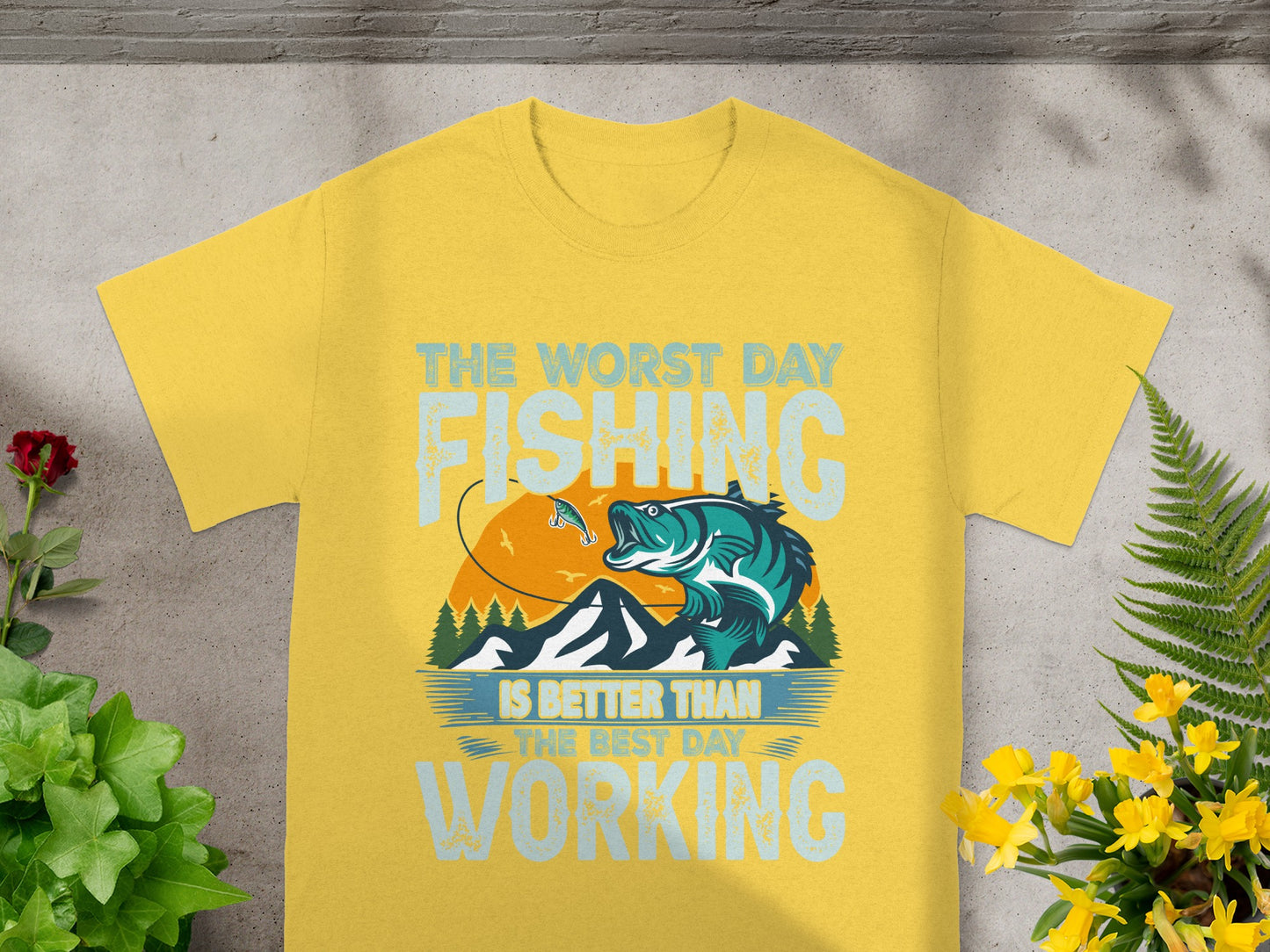 Yellow t-shirt with Fishing graphic: "The worst day fishing is better than the best day working."