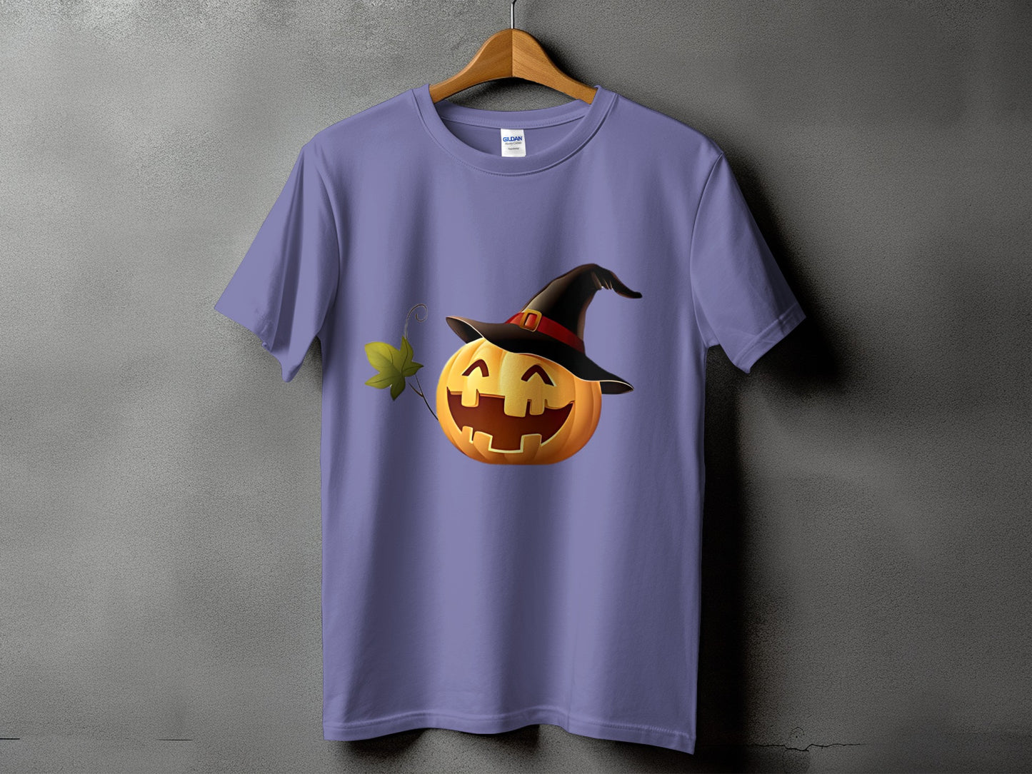 Purple t-shirt with a smiling jack-o'-lantern wearing a witch hat.