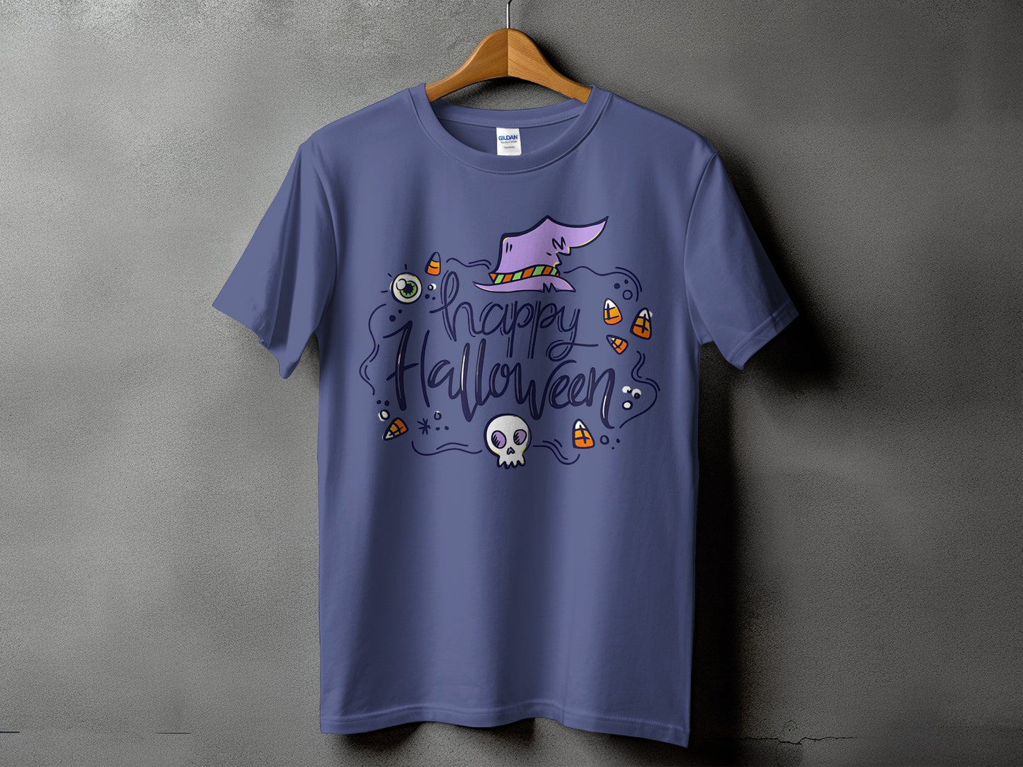 Purple t-shirt with "happy Halloween" text, witch hat, skull, and candy corn graphic.