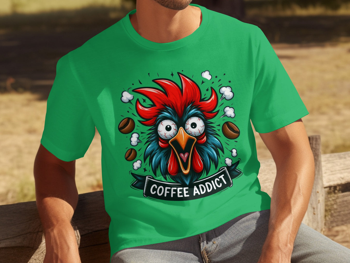 Coffee Addict Rooster Funny Graphic T-Shirt
