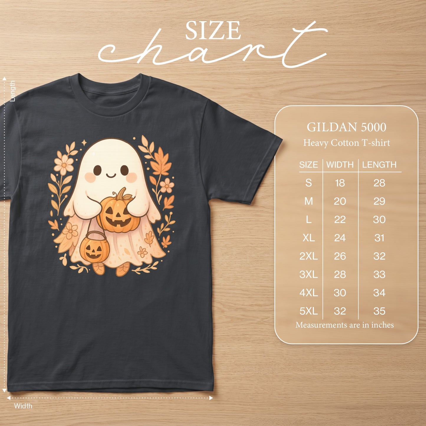 Dark gray t-shirt with cute ghost holding pumpkins, size chart included.