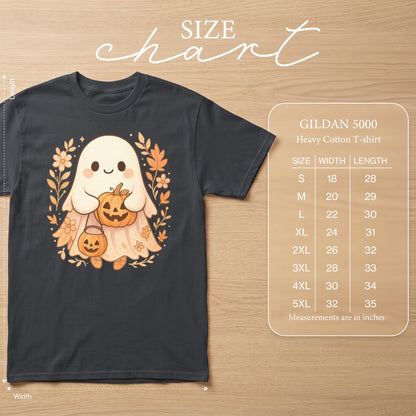 Dark gray t-shirt with cute ghost holding pumpkins, size chart included.