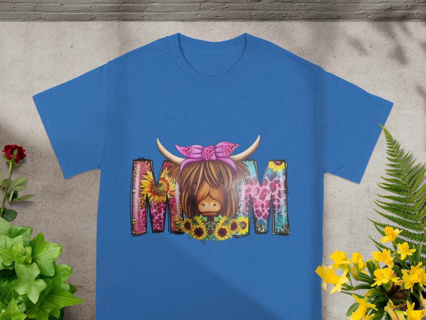 Mom Cow Sunflowers and Tie Dye Blue Shirt