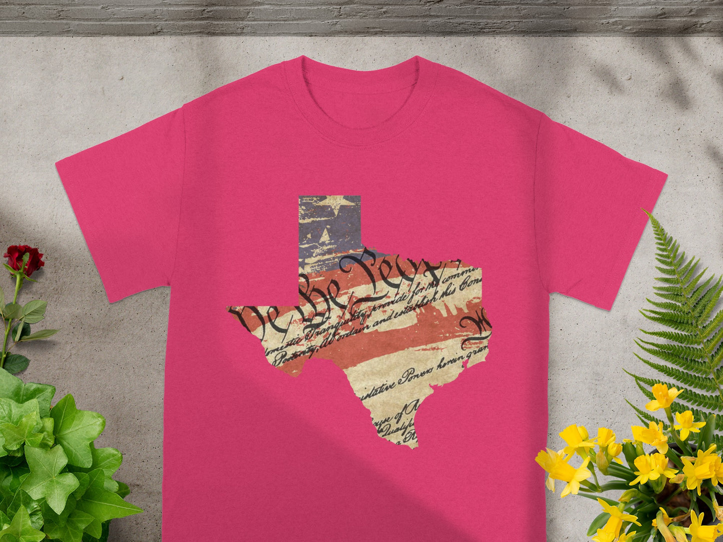 Texas outline t-shirt with distressed US flag and text on front.