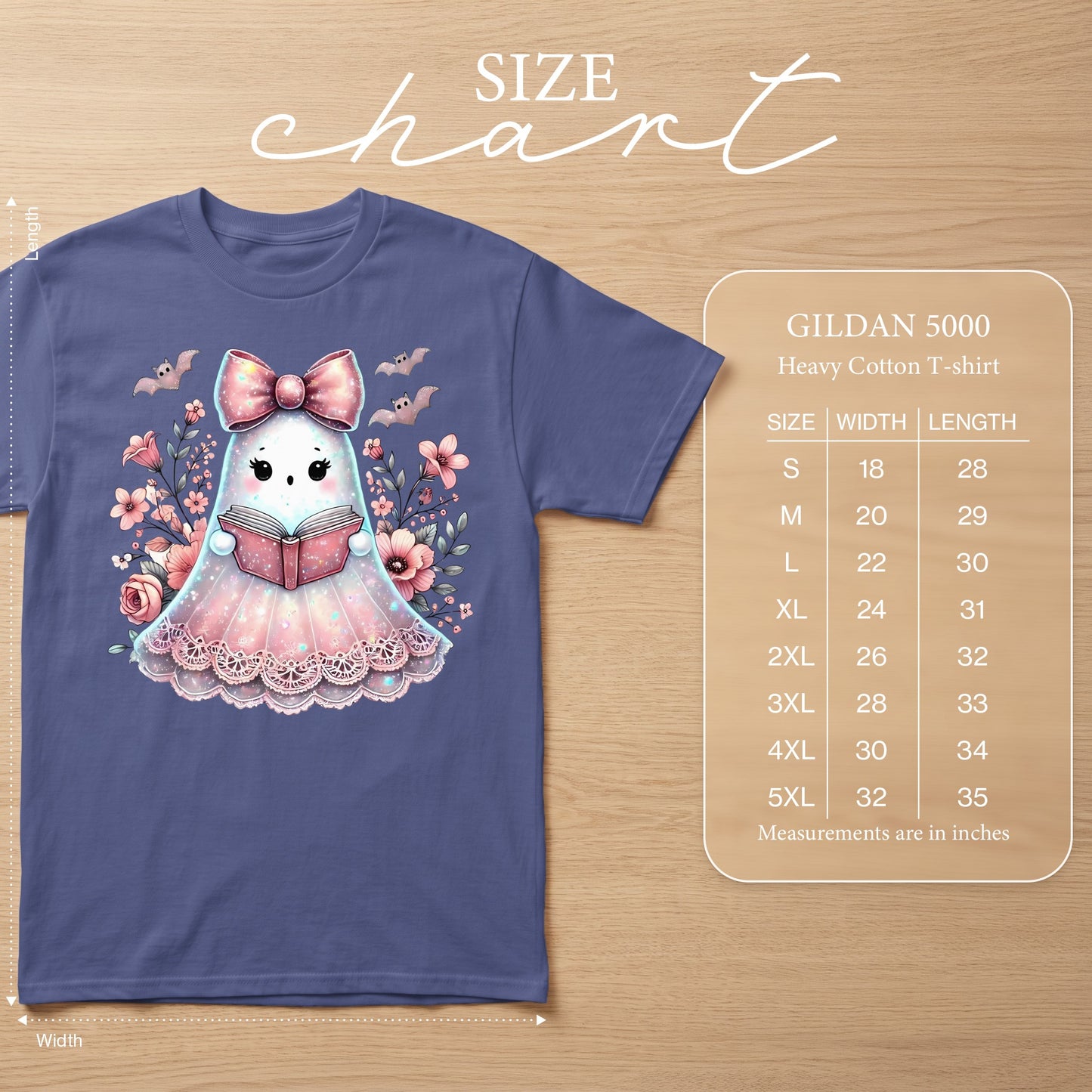 Ghost reading a book with bats and flowers, Gildan 5000 Heavy Cotton T-shirt size chart.