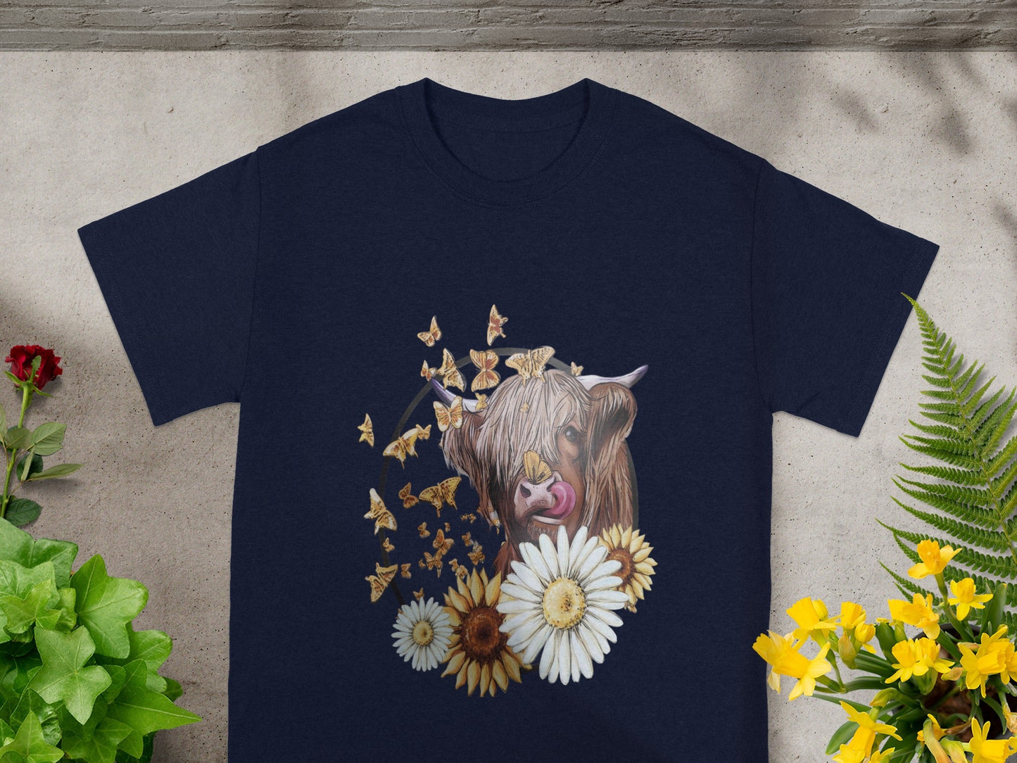 Cute Highland Cow with Flowers and Butterflies T-Shirt