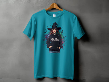 Teal t-shirt featuring a witch with colorful hair and "MAMA" on her hoodie.