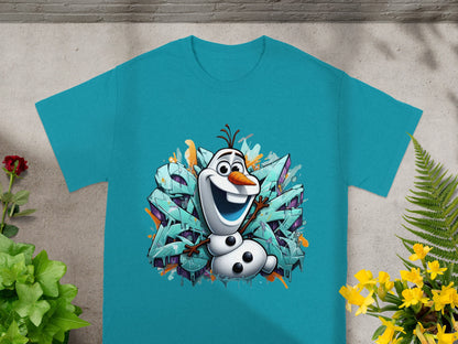 Olaf the snowman with graffiti art on a teal t-shirt.